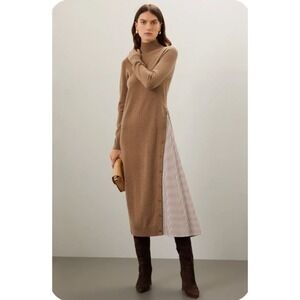 Naadam Asymmetrical Turtleneck Dress‎ Midi Wool Cashmere Tan Size XL *READ FLAW*
